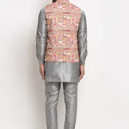 Benstoke Men Grey Dupion Silk Kurta & Pyjamas with Nehru Jacket image 5