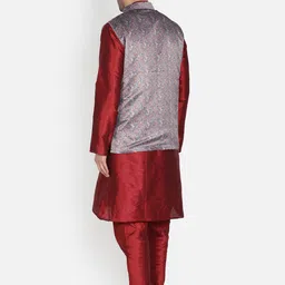 Armaan Ethnic Men Maroon & Grey Layered Dupion Silk Kurta with Pyjamas & Nehru Coat image 5
