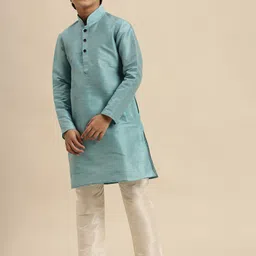 Sanwara Boys Blue & Off White Art Silk Kurta with Pyjamas-picture-23