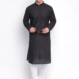 Sanwara Men Black Chikankari Patterned Cotton Kurta with Churidar-picture-8