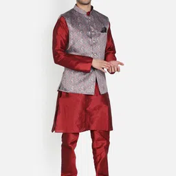 Armaan Ethnic Men Maroon & Grey Layered Dupion Silk Kurta with Pyjamas & Nehru Coat image 2