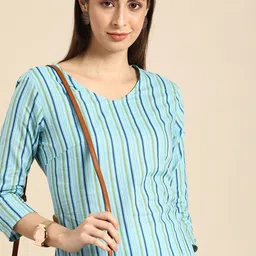 Anouk Women Blue & Green Striped Kurta-picture-15