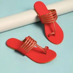Sole House Women Red Embellished One Toe Kolhapuri Flats-93