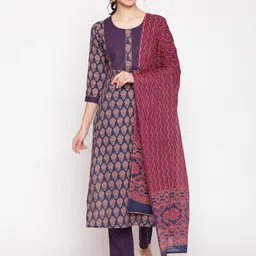 GLAM ROOTS Ethnic Motifs Printed Pure Cotton Kurta With Trouser & Dupatta image 1