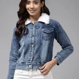 Aarika Women Blue Denim Jacket With Faux Fur Collar-image-30