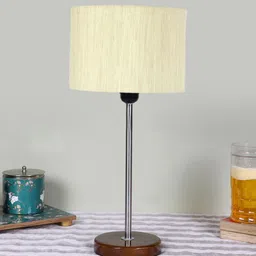 Devansh Unisex White Textured Cylinder Wooden Contemporary Table Lamp-image-8