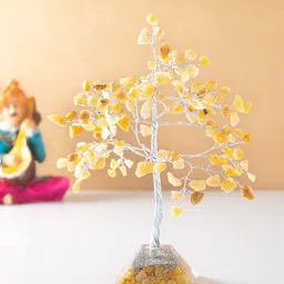 Golden Peacock Mustard Yellow & Silver-Toned Agate Stone Wish Tree Showpiece-52