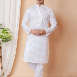BAESD Striped Embroidered Sequinned Mandarin Collar Regular Kurta with Pyjamas-picture-13