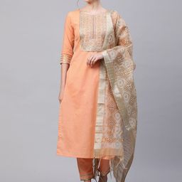 Indo Era Women Peach-Coloured Ethnic Motifs Embroidered Kurta with Trousers & Dupatta-picture-49