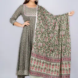 Glorious Women Green Floral Printed Pure Cotton Kurta with Trousers & With Dupatta-image-8