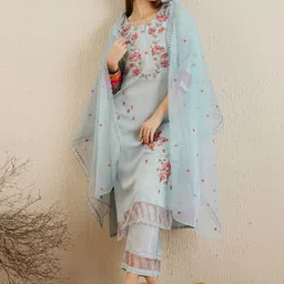 Indo Era Floral Embroidered Round Neck Thread Work Kurta with Trousers & With Dupatta-22