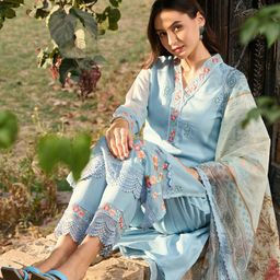 Indo Era Blue Floral Embroidered Thread Work Straight Kurta With Trousers & Dupatta-picture-12