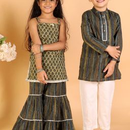 LIL DRAMA Girls Green Floral Printed Thread Work Pure Cotton Kurta with Sharara-image-33
