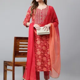 Khushal K Women Orange Floral Printed Mirror Work Kurta With Trousers & Dupatta-picture-52