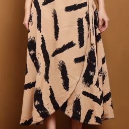 Women Printed Wrap Around Beige, Black Skirt-image-44