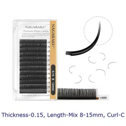 NAGARAKU Black Flat Ellipse Split Tips Shaped 12 Rows False Eyelashes - Curl C - 0.15/8-15-14