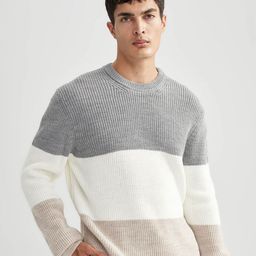 DeFacto Colourblocked Round Neck Long Sleeves Acrylic Pullover Sweater-image-75