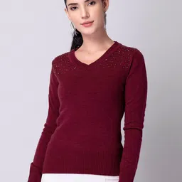 FabAlley Maroon Ribbed Embellished Acrylic Pullover Sweater-picture-3