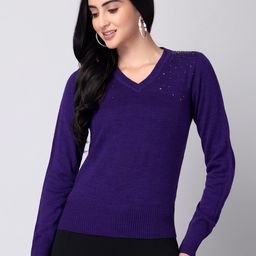 FabAlley Purple Ribbed Embellished Acrylic Pullover Sweater-image-25
