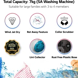lg 7 kg 5 Star with Wind Jet Dry, Collar Scrubber and Rust Free Plastic Base Semi Automatic Top Load Grey, White image 3