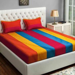 swayam Yellow & Pink Striped 240 TC Cotton King Size (Large) Bedsheet With 2 Pillow Covers Magical Linea Collection-picture-27