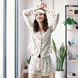 Marks & Spencer Women Off White & Pink Printed Shorts Set with Eye Mask-image-46