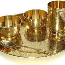 Pack of 5 Brass Floral Design Pital Thali Set , Dinner Set for Dinnerware Serveware Dinner Set-image-32