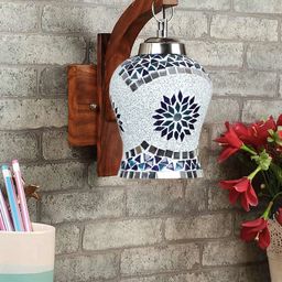 Devansh White & Brown Textured Wooden Wall Lamps With Mosaic Glass-12