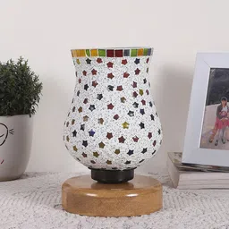 Devansh White & Red Printed Wooden Round Table Lamp With Mosaic Glass-7