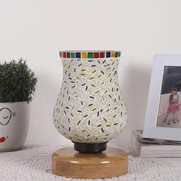 Devansh White & Red Printed Wooden Round Table Lamp With Mosaic Glass-14