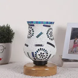 Devansh White & Blue Printed Wooden Round Table Lamp With Mosaic Glass-26