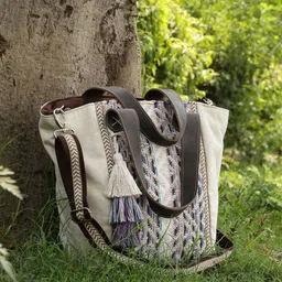 Anekaant Oversized Structured Cotton Handheld Bag With Tassel image 2