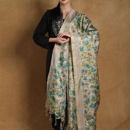 Exotic India Tile Blue Art Silk Maple Leaf Printed Silk Dupatta with Tassels-picture-10