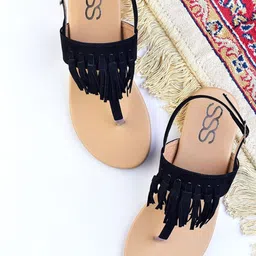 Street Style Store Women Black T-Strap Flats with Tassels-image-54