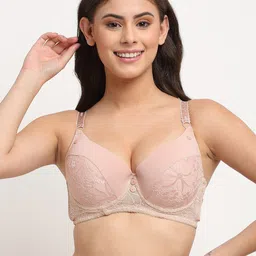 MAKCLAN Nude-Coloured Floral Plunge Bra Underwired Lightly Padded-15