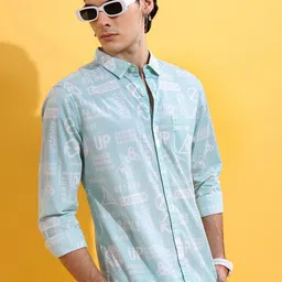 HIGHLANDER Men Turquoise Blue Slim Fit Floral Opaque Printed Cotton Casual Shirt-picture-20