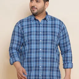 John Pride Plus Size Spread Collar Tartan Checks Cotton Casual Shirt-image-23