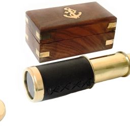 Shoptreed Antique Brass 6" Telescope with lid in Wood Box - Pirate Navigation Collectible Catadioptric Telescope-32