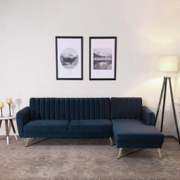 casacraft from pepperfry Fidel Velvet LHS Sectional Sofa (3 + Lounger) In Teal Blue Colour-picture-3