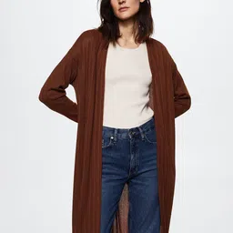 MANGO Women Rust Brown Self Design Longline Front-Open Sweater-picture-5