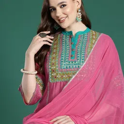 Indo Era Ethnic Motifs Embroidered Panelled Mirror Work Kurta With Trousers & Dupatta-35
