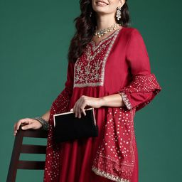 Indo Era Floral Yoke Design Sequinned Kurta With Trousers & Dupatta-image-96