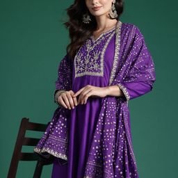 Indo Era Embroidered Sequinned Kurta With Trousers & Dupatta-image-89