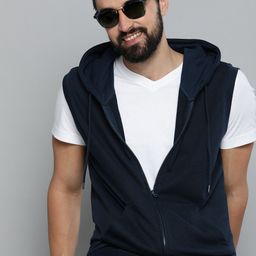 HERE&NOW Men Navy Blue Solid Knitted Hooded Sweatshirt-image-85