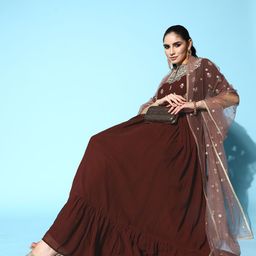Inddus Women Maroon Ethnic Motifs Embroidered Georgette Anarkali Kurta With Dupatta-picture-57
