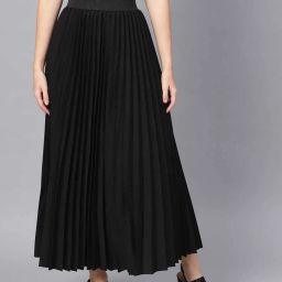 Women Solid Pleated Black Skirt-image-2