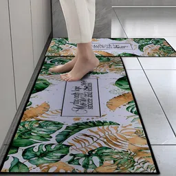 Cortina Green & White 2 Pieces Floral Printed Rectangular Anti-Skid Kitchen Mats-10