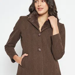 Duke Self-Design Spread Collar Long Sleeves Faux Fur Trim Woollen Overcoat-image-18