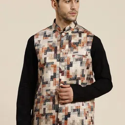 SOJANYA Men Beige & Rust Orange Printed Silk Blend Nehru Jacket-picture-1