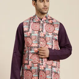 SOJANYA Men Rust Orange & Blue Printed Nehru Jacket-6